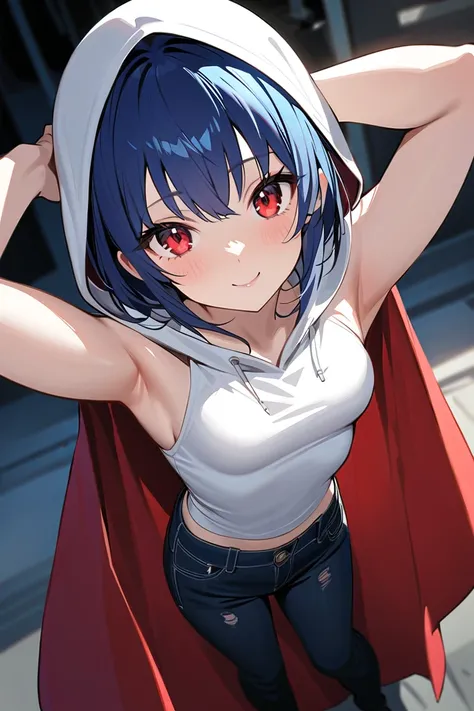 1 girl, masterpiece,  high resolution, accurate,  high detail, from above, looking at viewer,
"A blue-haired, short-haired high school girl with striking red eyes posing for a gravure photoshoot. She wears a stylish hoodie with the hood up, slightly oversi...