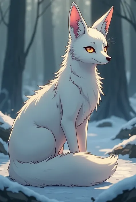  anime style.  A mysterious snow-white fox of extraordinary beauty. With a thin, slim build and tall. The forest has 9 fluffy tails and a sleek, styled shorts covered with beautiful patterns. The eyes are like the blue starry sky. And the shape of the ears...