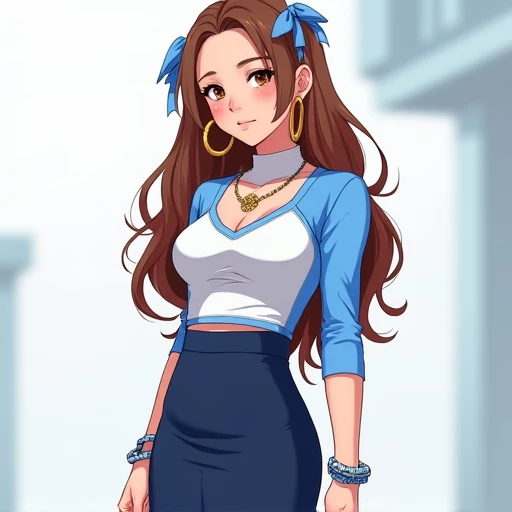 A full-body digital anime-style illustration of Valeria, a female character representing Argentina. She has long brown hair with subtle light blue and white accents, adorned with thin light blue ribbons that flow naturally. She wears urban clothing inspire...