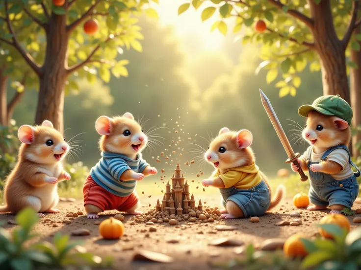 A group of adorable hamster elementary school students, dressed in tiny human-like clothing, are playfully engaged in a lively mud fight. (One hamster, wearing a blue striped shirt and red shorts) gleefully splashes mud onto (another hamster in a yellow dr...