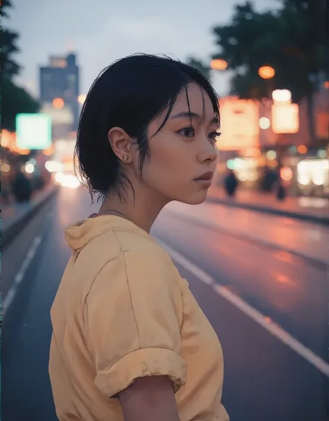 arafed asian woman  short hair standing on a street at night,  short hair,  mix of anime style and Fujifilm , 50mm Portrait, 60mm Portrait,  bob cut, 70mm Portrait, 3 5mm Portrait ,  short～ medium hair,  short hair with bangs,  Shot at Hasselblad , jaw-len...