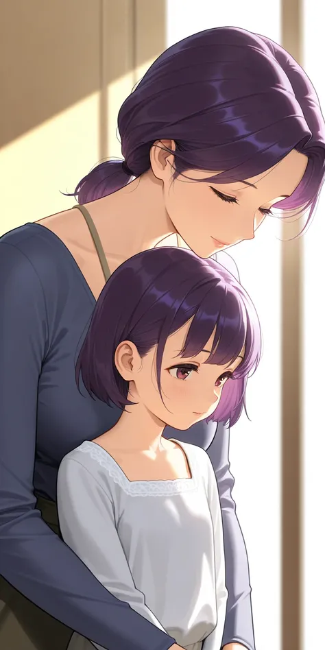   mature woman, housewife,  purple hair ,  short hair,  straight hair,  low ponytail,  long sleeve shirt , neckline,  Mother and daughter ,  dynamic lighting ,  ultra detailed, highres, absurdities,  upper body 