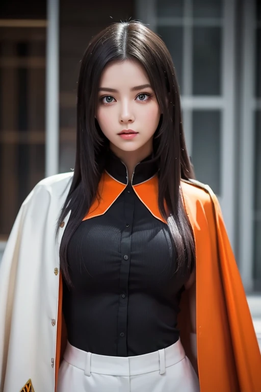  white **-****-*** girl with long black hair is wearing a military uniform,  Orange Cape , Big hazel eyes,  Science Fiction , Dark mood, charturnerv2