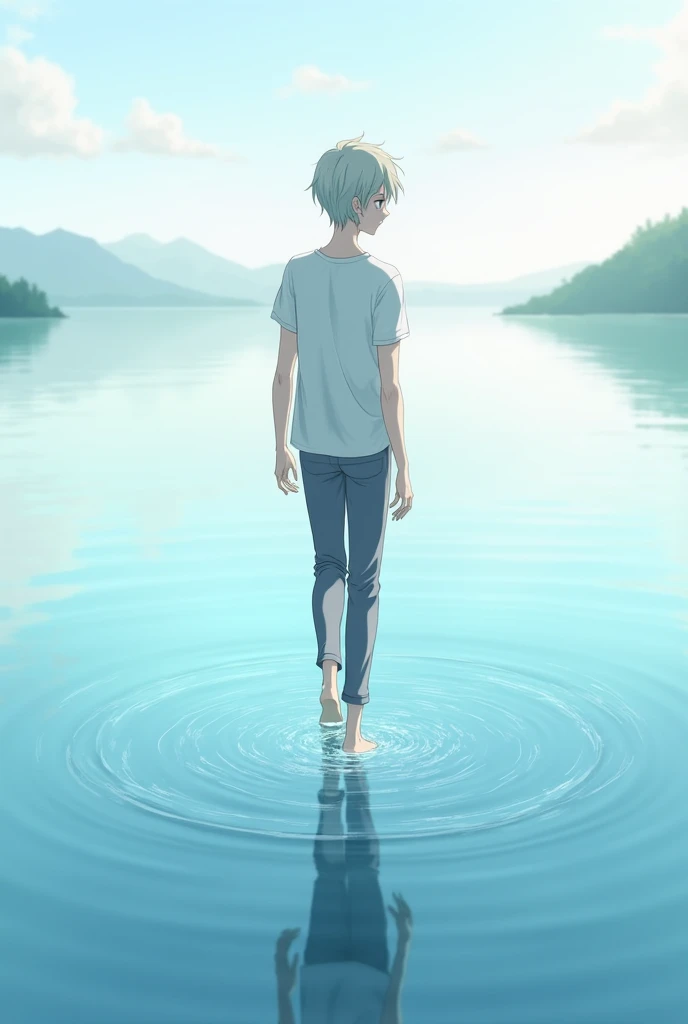 An anime style guy walking on the water