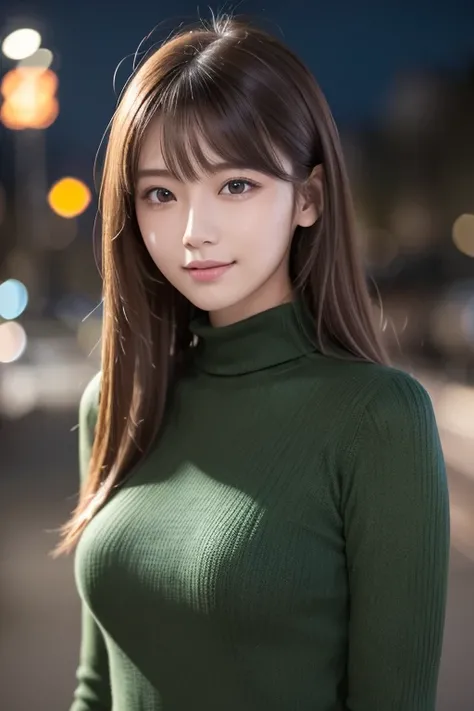 one 19 year old girl, (Dark green turtleneck thin sweater), Raw photo, highest quality, photorealistic, very delicate and beautiful, very detailed, 8K wallpaper, High resolution, soft light, very detailed目と顔, beautifully detailed nose, detailed and beautif...