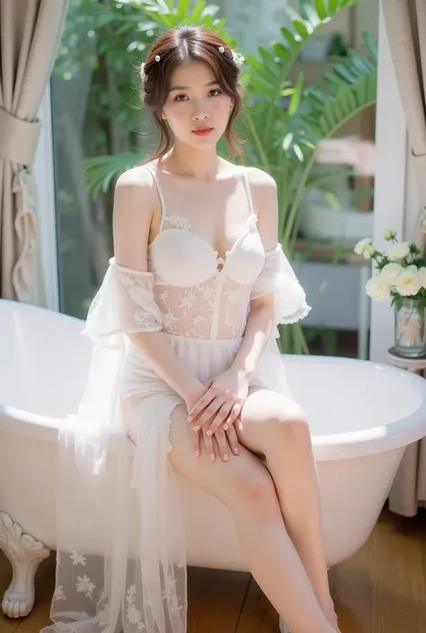 a young woman sitting elegantly on the edge of a white vintage bathtub. She is wearing a delicate white lace outfit with sheer, flowing sleeves, and the fabric drapes gracefully onto the floor. Her hair is styled in a loose, elegant updo adorned with small...