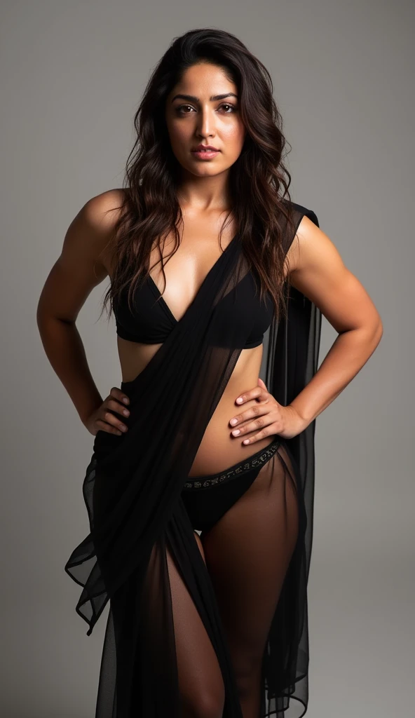 Beautiful Indian woman in her early 30s wearing black wet transparent chiffon saree, hands on hips, full body shot, bikini blouse, showing whole stomach, long wet hair