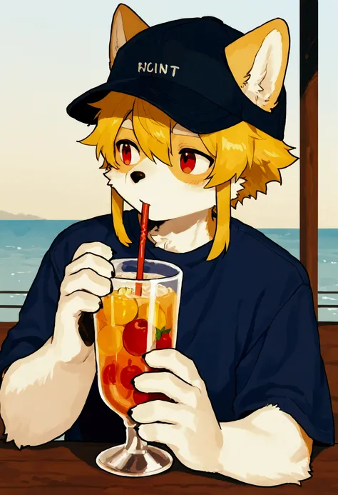 source_ furry， furry male，((boy ))，Dog boy  ， mshort hair，1boy  , Alone, Vivid,short hair,A Cup, food,  drinking, sidelocks, holding,seaside table, fruit,  balanced cup , drinking straw, upper body, looking to the side, Baseball Cap, holding cup, blonde ha...