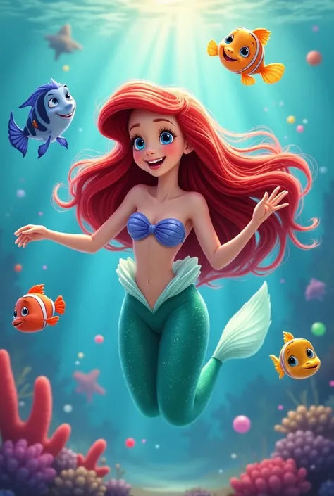 Create a 3D Disney-Pixar style illustration of Ariel in a soft watercolor-inspired aesthetic, playing joyfully with colorful fish underwater. Her flowing red hair moves gracefully with the ocean currents, and her wide, expressive eyes sparkle with exciteme...