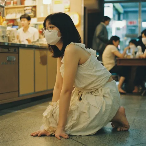 Middle school girl wearing a white mask and round glasses, taken from the side,live-action,Front lighting,round face, Long Trimmed Bangs, semi-long bob ,Dirty White Ruffled Tank Top ,dirty white long skirt , rough skin,Dirty Skin,Inside a bright restaurant...