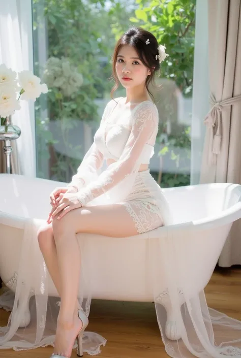 a young woman sitting elegantly on the edge of a white vintage bathtub. She is wearing a delicate white lace outfit with sheer, flowing sleeves, and the fabric drapes gracefully onto the floor. Her hair is styled in a loose, elegant updo adorned with small...