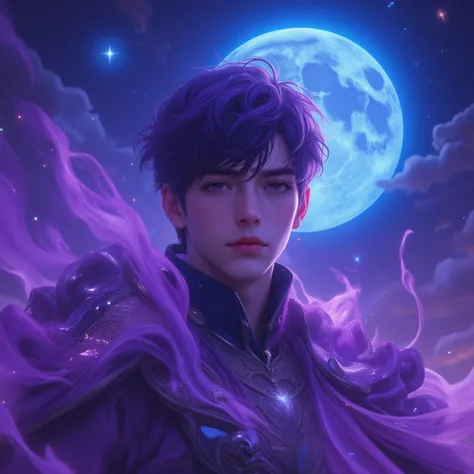 Masterpiece, best quality, 8k, highest quality, best graphic, beautiful eye, beautiful lip, beautiful background, purple  short hair, boy in 20s, huge blue moon, black aura