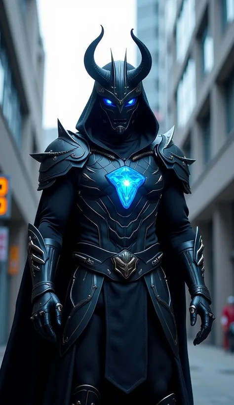  Fantastic　 real 　Rooftop office district in Japan　whole body　 cool with a glowing blue stone on the chest　 black hero costume with blue lines on it　helmet with glowing boar fangs　black and blue cloak 