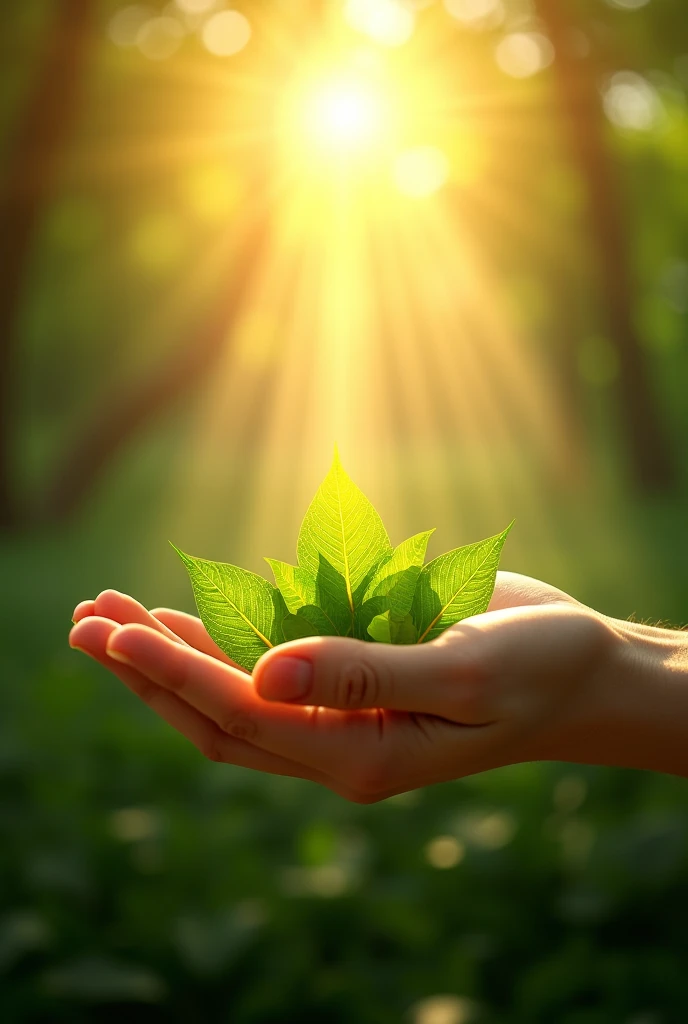 Create a picture of the sun splashing light on the palm of a person full of green leaves.