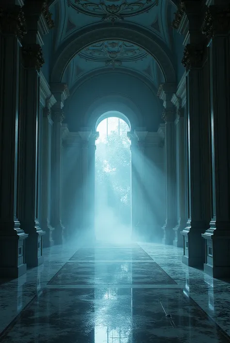 The interior of the mansion, with an increasing sense of coldness, visible as frosty breath and an eerie mist forming on the floor.