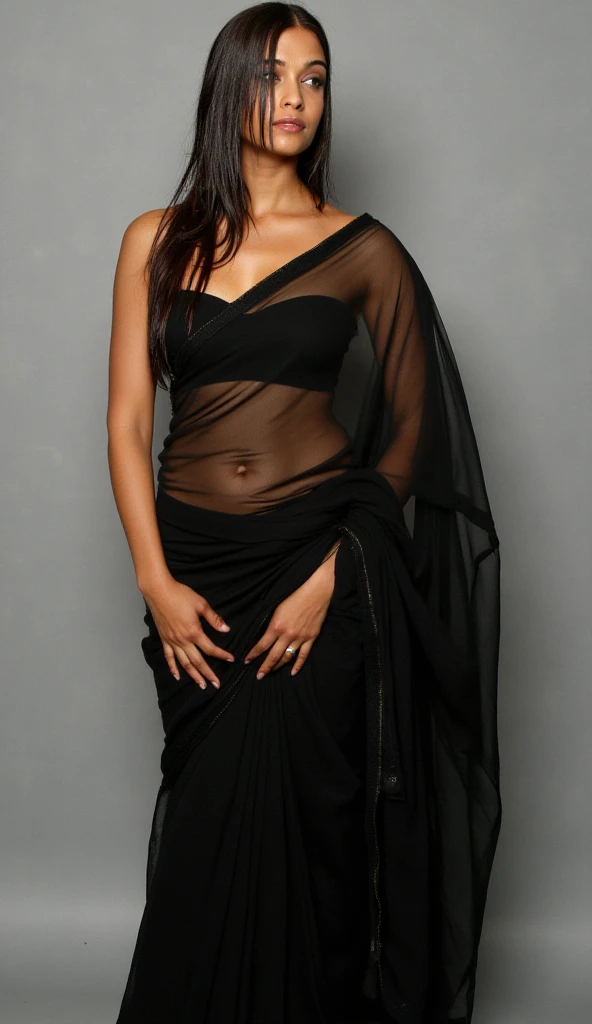 Beautiful Indian woman in her early 30s wearing black wet transparent chiffon saree, hands on hips, full body shot, bikini blouse, showing whole stomach, long wet hair