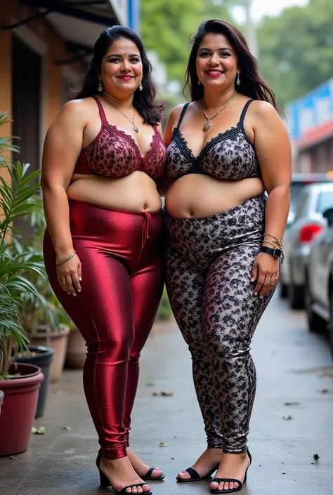  Two  40 year  old  desi Andhra  married womens looking at the viewer, white skin,wearing shiny glossy and reflective finish polyester plus size transparent  colour silk  leggings .design  and multi  colour panther and  zebra design  on silk lacy  bra , bi...