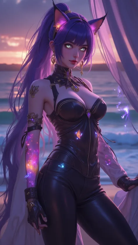   A Beautiful Masterpiece Illustration  ，  high quality ，  Depicting a Cat in a Bra on a Beach at Dusk，  With Beautiful Detailed Eyes  ，(  perfect body proportions :1.5)，Magic pupil， Glowing Arms  ，headgear，curtain， long purple hair  ，  Black Leggings  ， c...