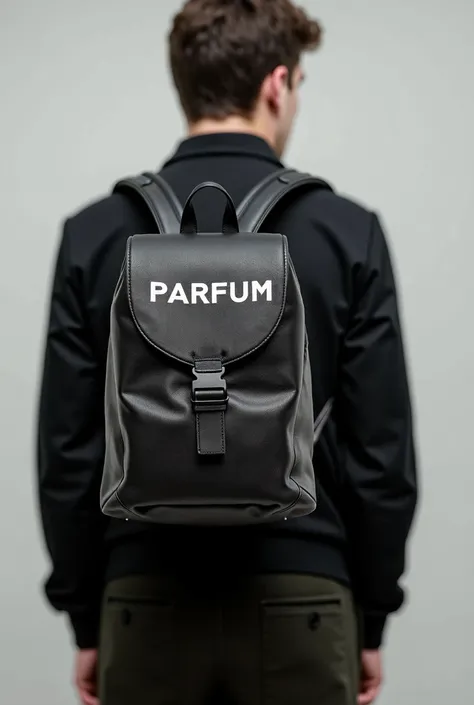 Backpack on the back and on the front with the letters parfum