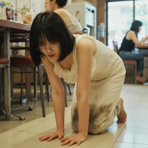  middle school girl with round glasses, taken from the side,live-action,Front lighting,round face, Long Trimmed Bangs, semi-long bob ,white ruffled tank top,dirty white long skirt , rough skin,Dirty Skin,Inside a bright restaurant in Tokyo , kneeling with ...