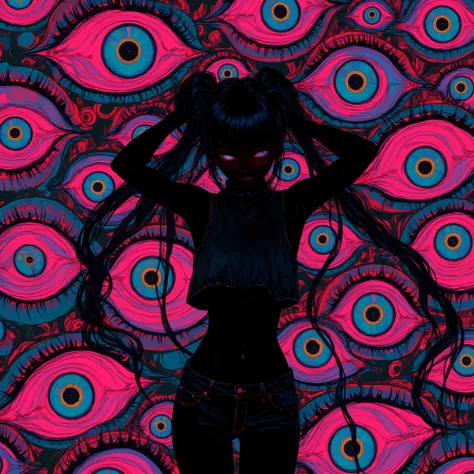 (masterpiece, best quality:1.2), 1 girl, unique, turtleneck woolen sleeveless top, navel, tight jeans, take a step forward, long twintails, glistening swirly golden eyes, f3nn3r, colourful, pink, blue, black, red, trippy, psychotic, psychedelic, losing my ...