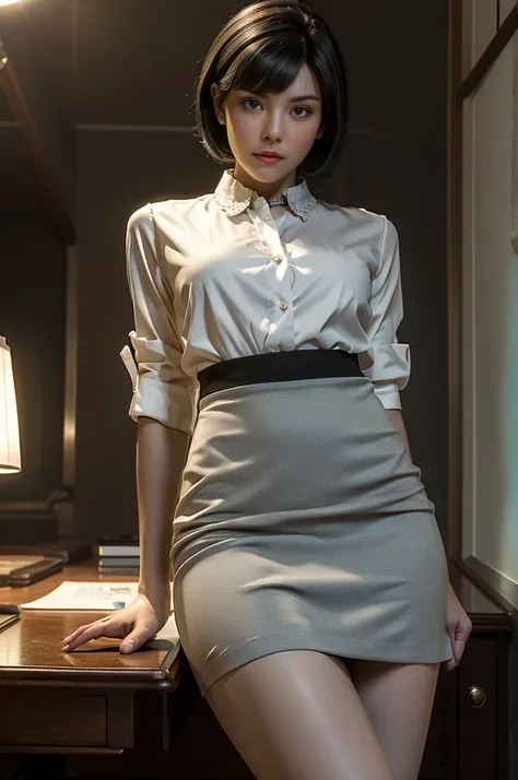 
 Masterpiece,  very detailed, 8k,  top quality, NAM BODY , 28 years old,  A mature woman who looks like a secretary 、 wears a pencil skirt above the knee and a white blouse,  very detailed,   black hair,  short hair,  straight bang , cowboy shot,   show o...