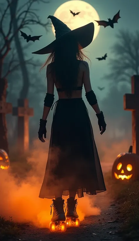 Beautiful witch with a perfect body, wearing inline skates with glowing luminous wheels , gloves and knee pads , bengala orange smoke en la mano, Full Moon Church, pumpkins, crows, realistic bats with bright eyes,  moving at speed in the cemetery at night,...