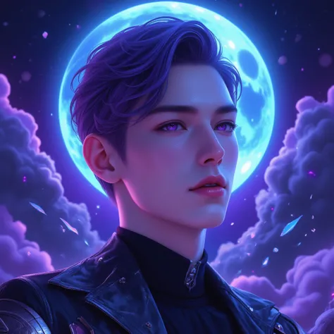 Masterpiece, best quality, 8k, highest quality, best graphic, beautiful eye, beautiful lip, beautiful background, purple  short hair, boy in 20s, huge blue moon, black aura