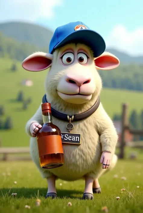 Shaun the Sheep, with an identification that says "Sean" hanging around the neck. And with a blue sports cap on his head+ a bottle of whiskey in one hand