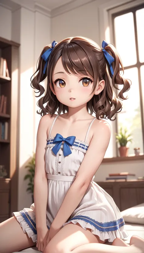 (masterpiece, high quality, High resolution, detailed, 4K,), 12yo, loli, brown eye, brown hair, medium hair, swept bangs, two side up, wavy hair, slender face, blue ribbon, in room, looking away, on



