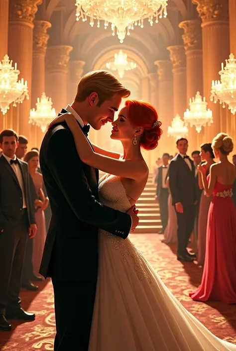 A very elegant party is observed, It's a wedding, You can see a tall blond boy hugging a redhead 