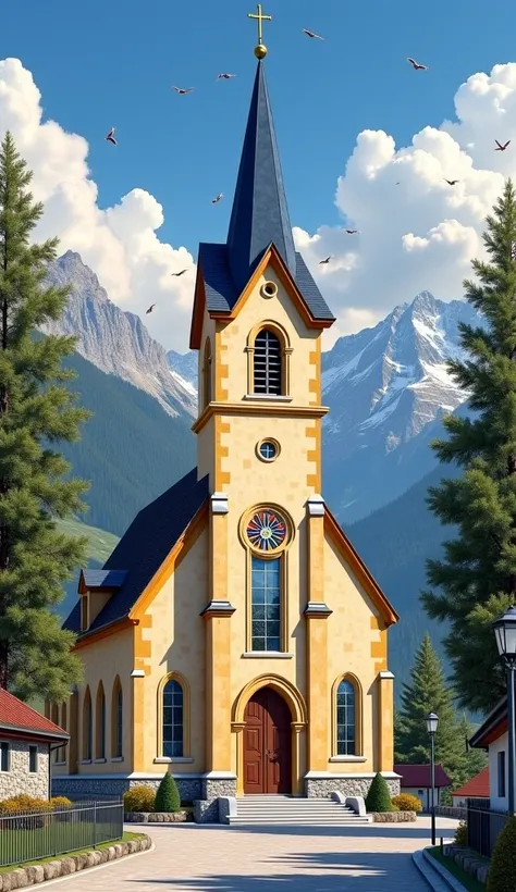 (((masterpiece, high quality, oil painting style. Background: morning sky, few cumulus clouds, high mountains with snow on tops, flying birds. Foreground: street of a small alpine village. Foreground: catholic alpine church made of yellowish and white ston...