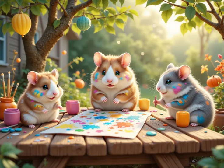 Under the dappled sunlight filtering through the leaves of the schoolyard trees, an enchanting scene unfolds. In a riot of colors and unbridled creativity, a charming assembly of hamster schoolchildren eagerly gather around an old wooden picnic table, lade...