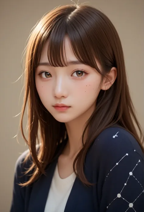 A 22-year-old Japan woman、The following are characteristic features:。 
・I'm cosplaying with the image of the constellation Lyra
・Exposure is low
・Good style
・Fair skin
・Long brown hair