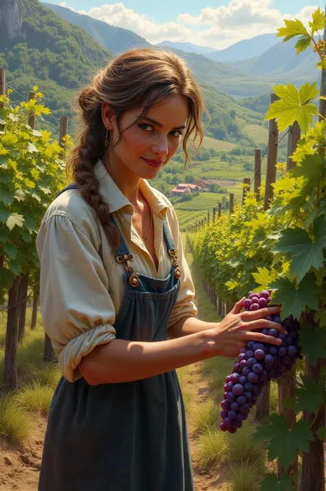 Create an image of a country woman with frizzy hair harvesting grapes in a vineyard valley