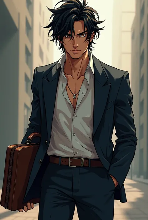 Brown skinned anime man messy black hair suit briefcase brown eyes