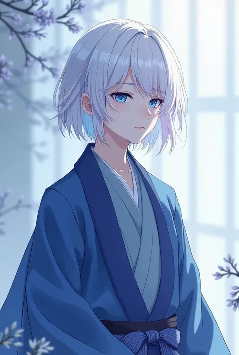 anime, imagine a fair-skin young man with androgynous look. he has shoulder-length white hair that fades to bluish-purple, dark cyan eyes. he wears a indigo kimono with haori.