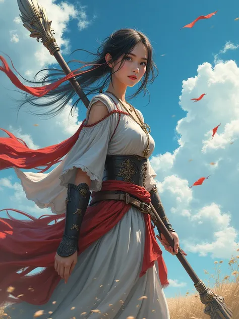  Masterpiece、 top quality、 high resolution、 Dynamic Angles 、Different angles、Japanese manga style、 Japanese anime style、Western medieval fantasy style 、Beautiful single woman。Beautiful active girl wearing a uniform with separate armor。 holding a large spea...