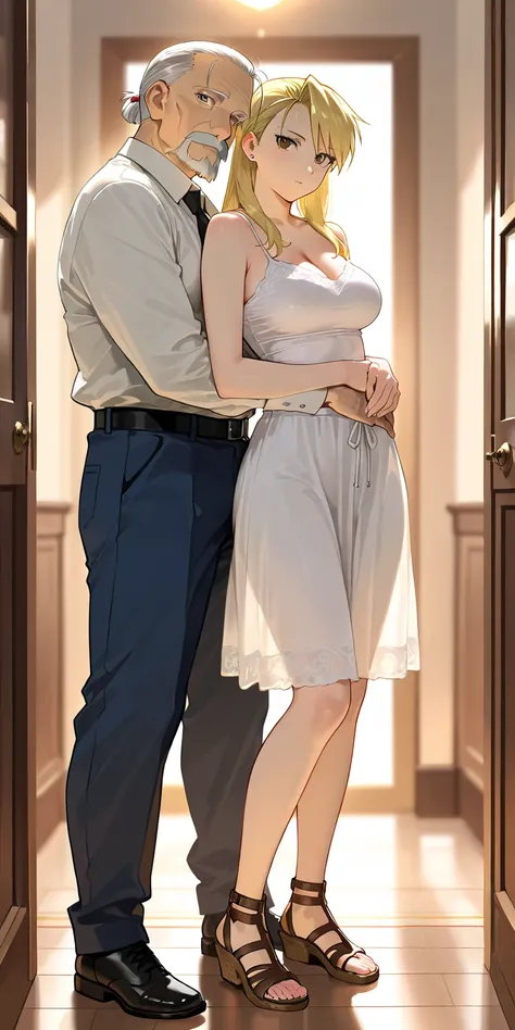 Masterpiece, old man, tall and big, standing beside, elegant mature woman, riza hawkeye, long hair, tall body, camisole, gladiator style strappy sandals upper body, dynamic lighting, ultra detailed, highres, absurdres, home,  fullmetal alchemist style, stu...