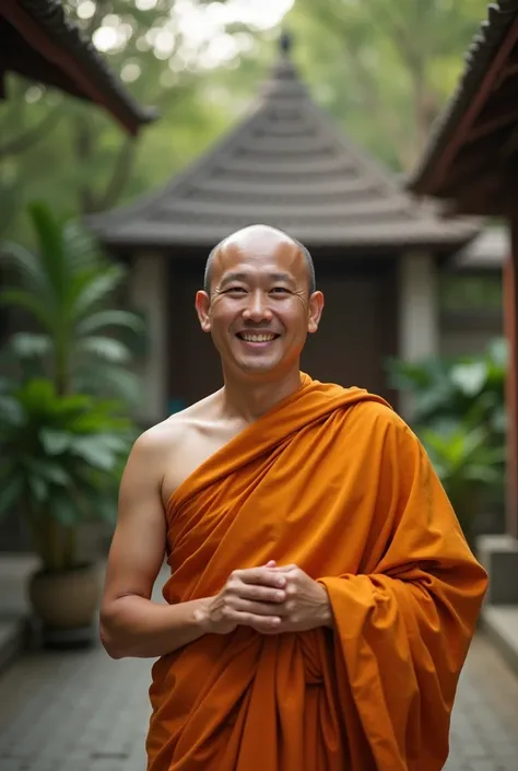 Thai Monk standing face front and smiling to the camera, ar219 --s 800