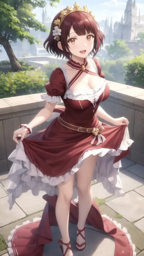 Masterpieces, Best Quality, girl, looking at viewer, yamada_ brown, solo, short hair, Brown hair, Brown Eyes, large breasts, princess connect Re:Dive cosplay, princess Dress, standing, smile, open mouth, outdoors 