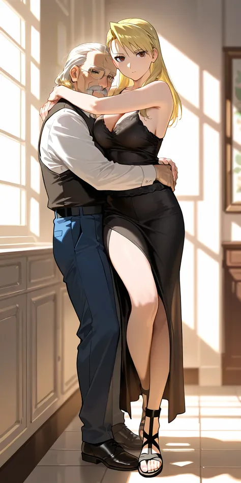 Masterpiece, old man, tall and big, standing beside, elegant mature woman, riza hawkeye, long hair, tall body, camisole, gladiator style strappy sandals upper body, dynamic lighting, ultra detailed, highres, absurdres, home,  fullmetal alchemist style, stu...