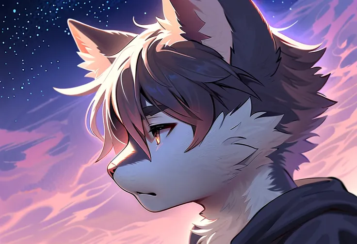 8K resolution on the front, (( top quality)), (( masterpiece)), ((Super Fine)), ( is very delicate and beautiful ),A teenage cat Furry boy with silvery gray fur that shimmers like a mix of snowstorm and nebula, sparkling with tiny ice crystal-like highligh...