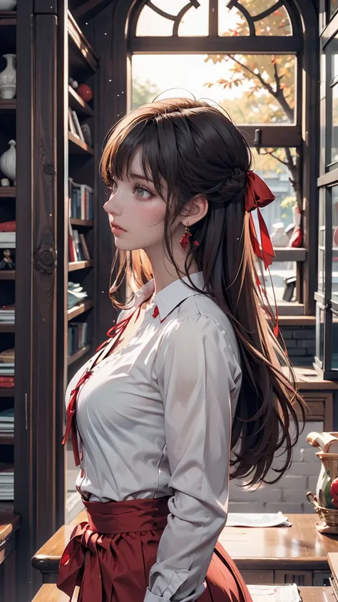 there is a woman in a white shirt with a  red ribbon on her chest,  Nivan Chantara ,  white ribbon ,  profile picture 1024px , Red only, Tawan Duchanee,  red ribbon,  Amazing Masterpiece , Zia, 18 years old, white red , Peaceful, July ban, Sakimi-chan,  An...