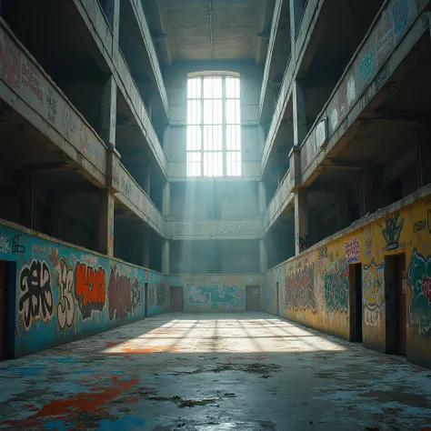 (Void of any people a massive vastly wide abandoned evenly square atrium with no roof, bright light fills the atrium which is covered in stylish graffiti and void of any person, high windows house nothing but dark shadows