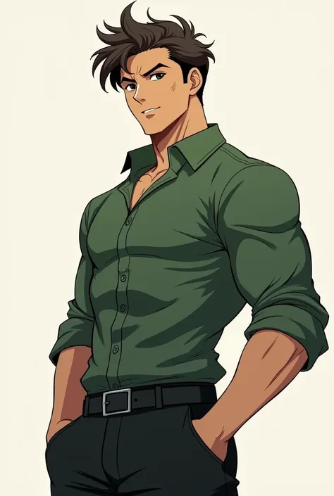 fit man, brown, black hair,Panatalon black ,green shirt,anime manga