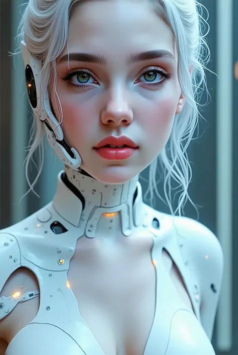 a beautiful relaxed woman, long blonde hair and mesmerizing eyes, ultrathin flexibile high tech white suit,special liquid material like latex,all body countours are visible,sci-fi fetish,symetrical clothes,large sagging breasts,looking at camera, posing, e...