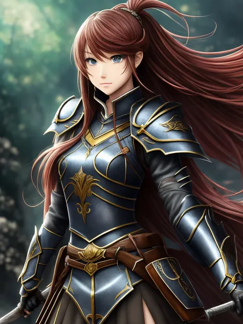  Masterpiece、 top quality、 high resolution、 Dynamic Angles 、Different angles、Japanese manga style、 Japanese anime style、Western medieval fantasy style 、Beautiful single woman。Beautiful active girl wearing a uniform with separate armor。 holding a large spea...