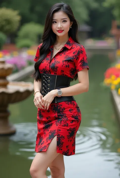 A beautiful Asian woman, chubby but sexy, soft white skin, big hips,medium breast,sweet smile,wearing red with black  floral of short sleeve fitted polo flitted  corset dress above the knee, with black,,red brasserie inside,black sandals with long rope wra...