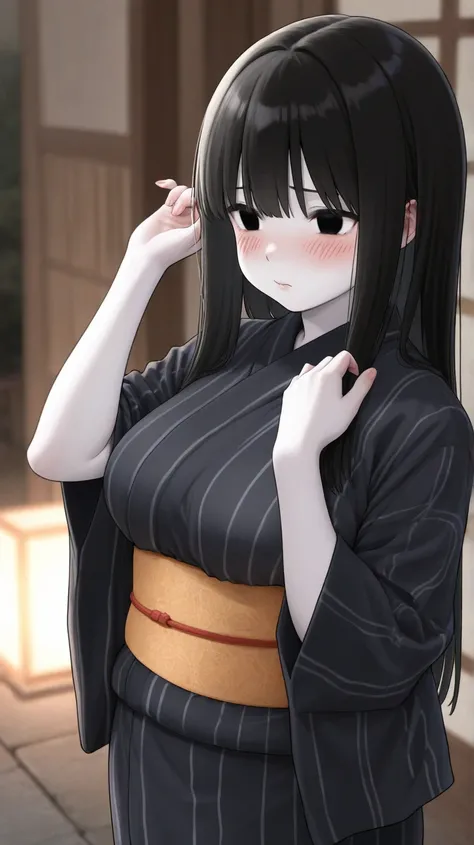   high quality , HD,  high detail, one woman,23 yeaRs old, cute_face ,blush_face, white skin,  plump, black_ straight_ long_hair, 前hair付き, black_eyes,medium bReasts , black_ kimono